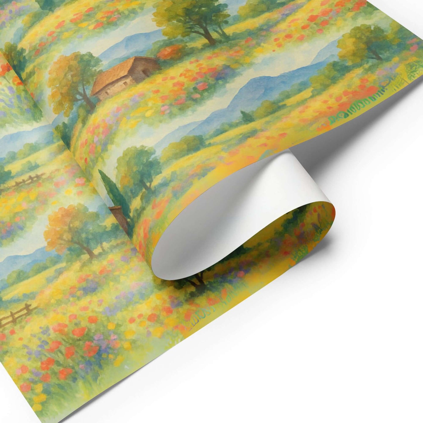 Floral Meadows luxury gift wrap in watercolor design featuring blooming fields, rustic barns, and hills, perfect for holiday gifts.