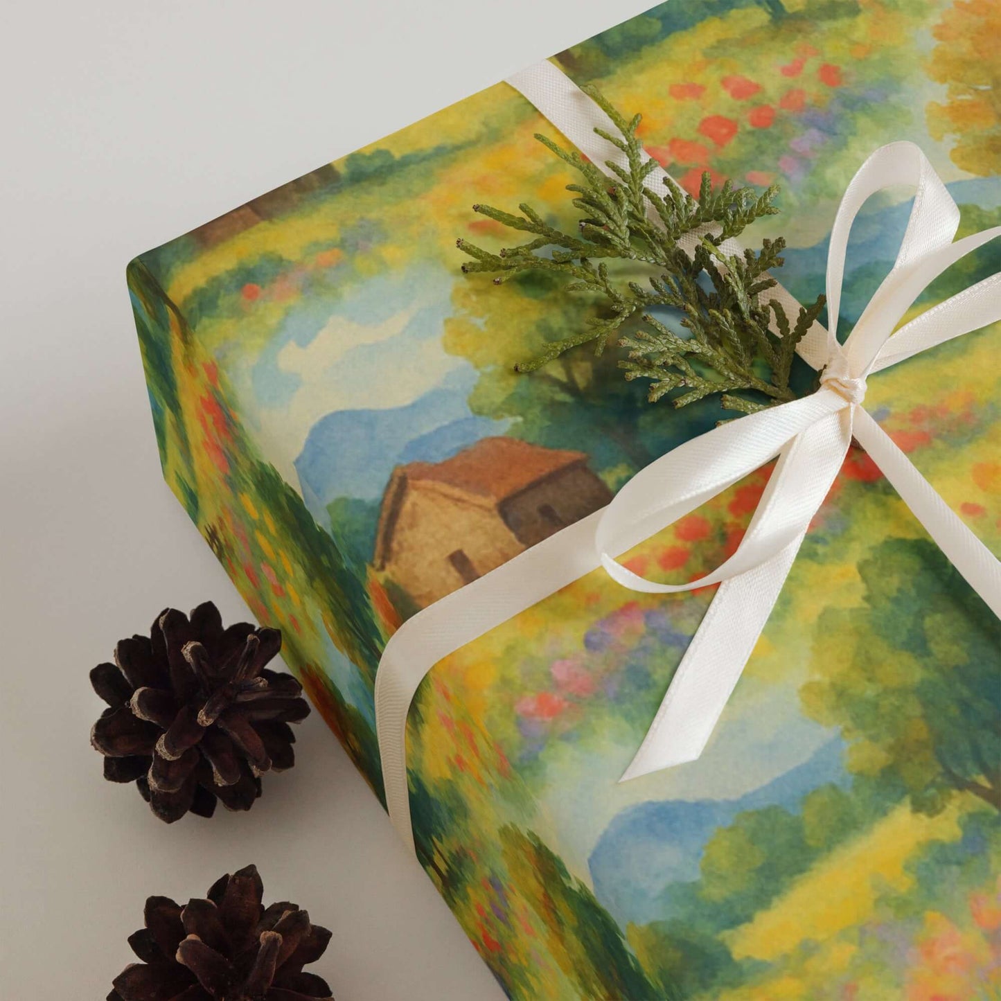 Luxury Christmas wrapping paper with a watercolor floral design, featuring a house and greenery, perfect for holiday gifts.
