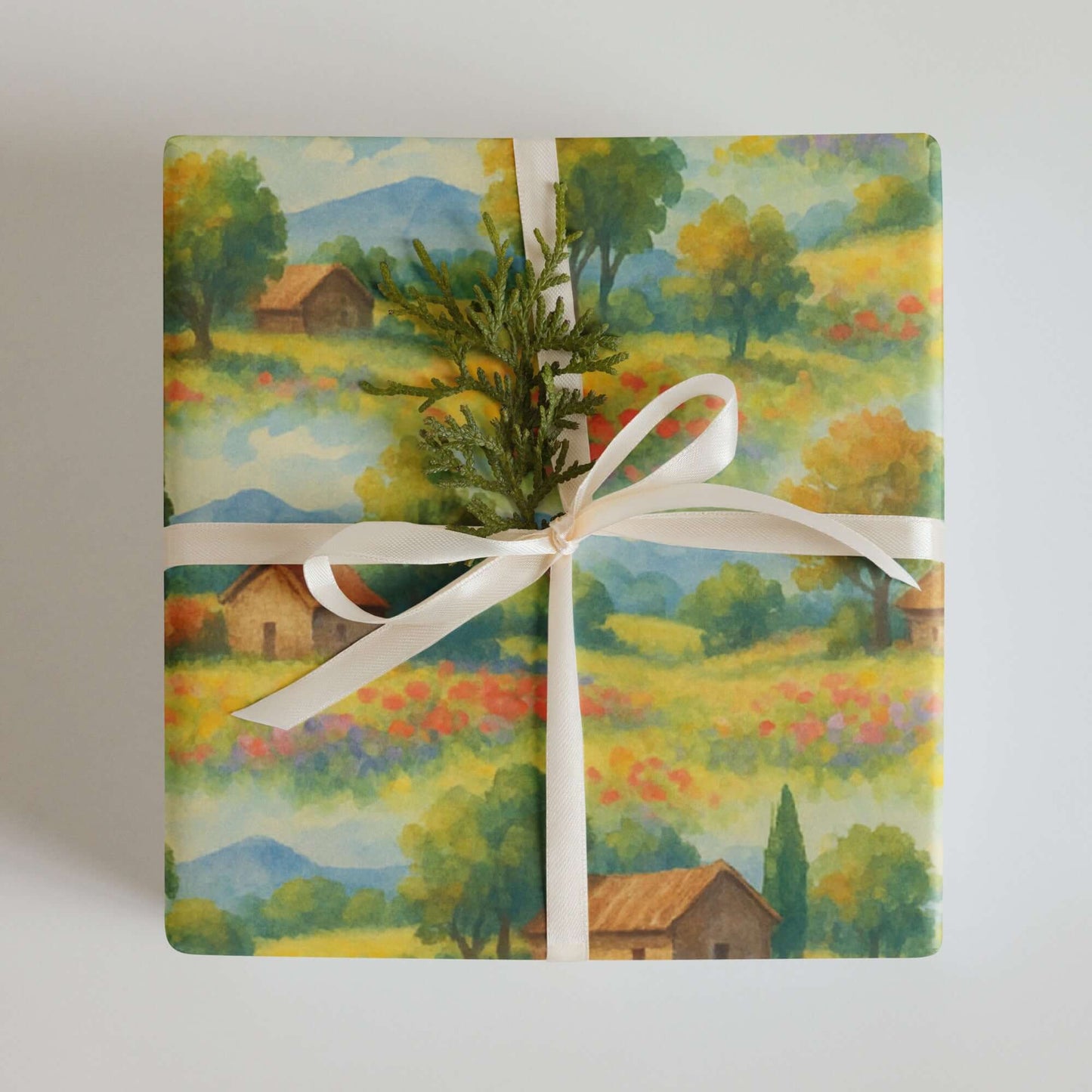Luxury holiday gift wrap featuring a watercolor design of colorful meadows, rustic barns, and distant mountains.
