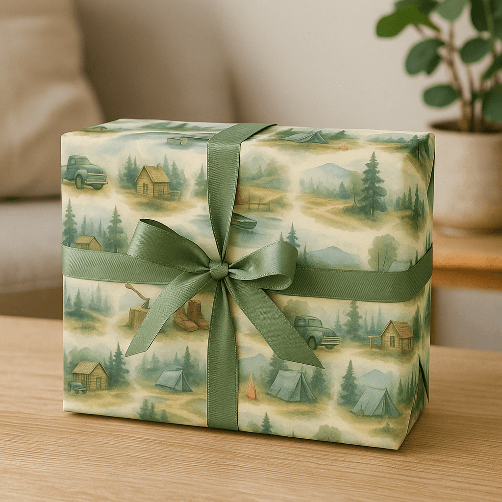 Rustic wilderness-themed luxury Christmas wrapping paper with green ribbon, featuring watercolor camping scenes.
