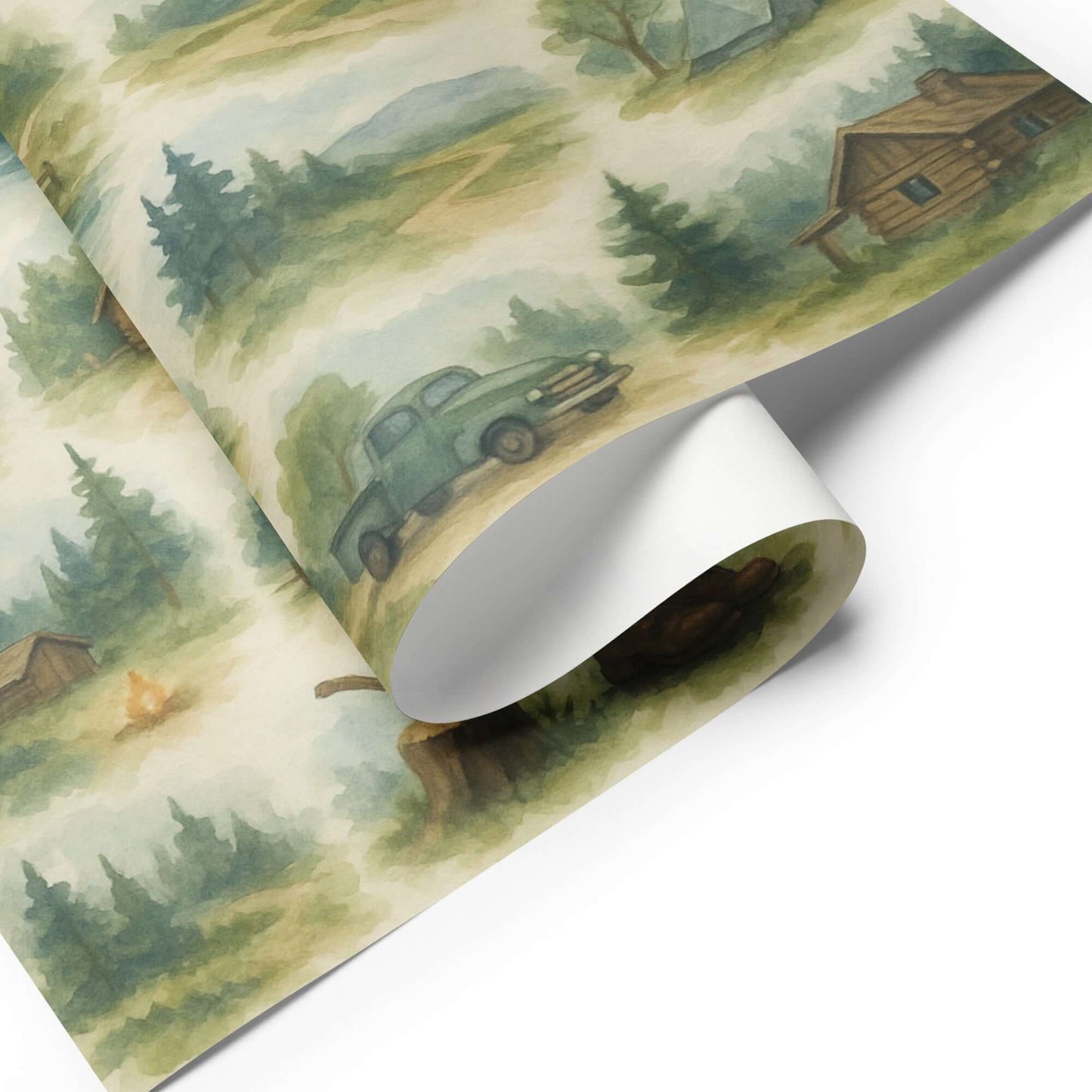 Luxury Christmas wrapping paper featuring watercolor wilderness scenes with cabins and vintage trucks.