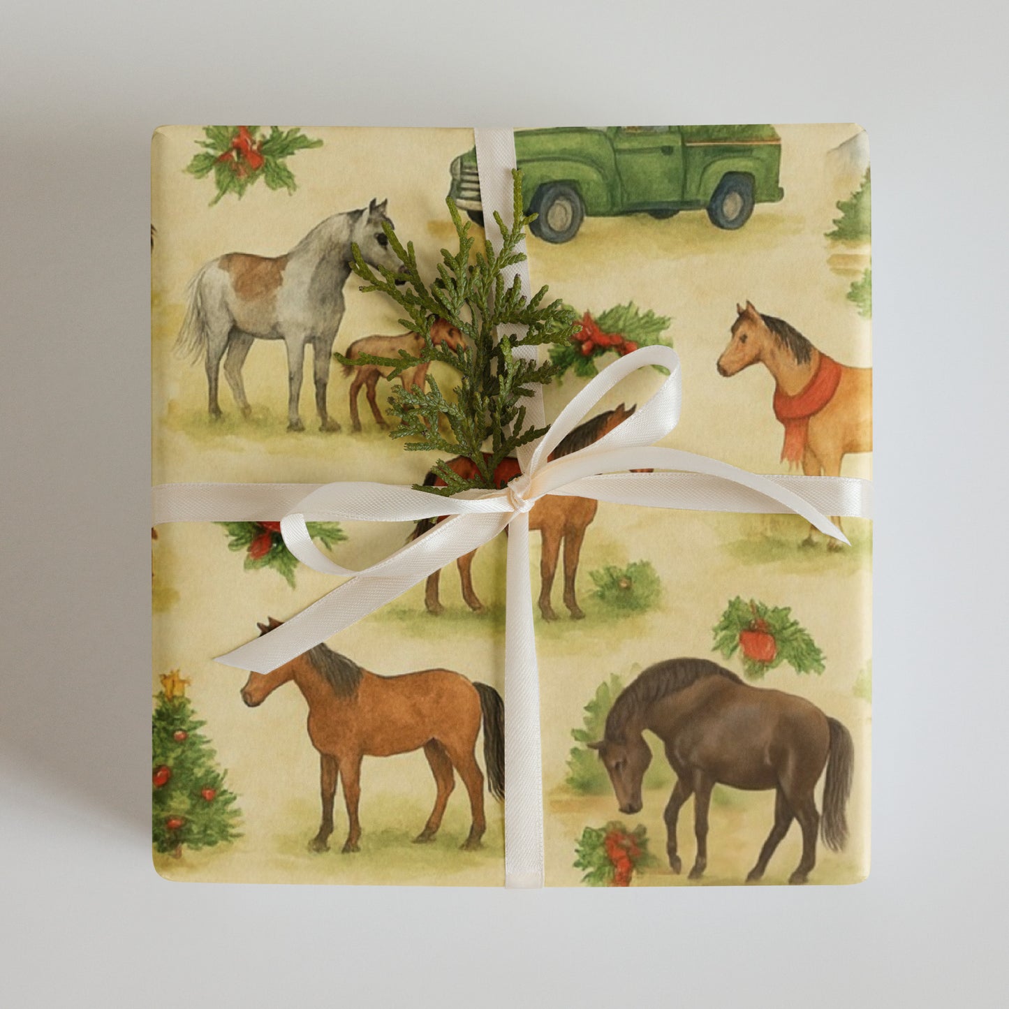 Luxury Christmas wrapping paper featuring illustrated horses and green truck in a rustic holiday design.