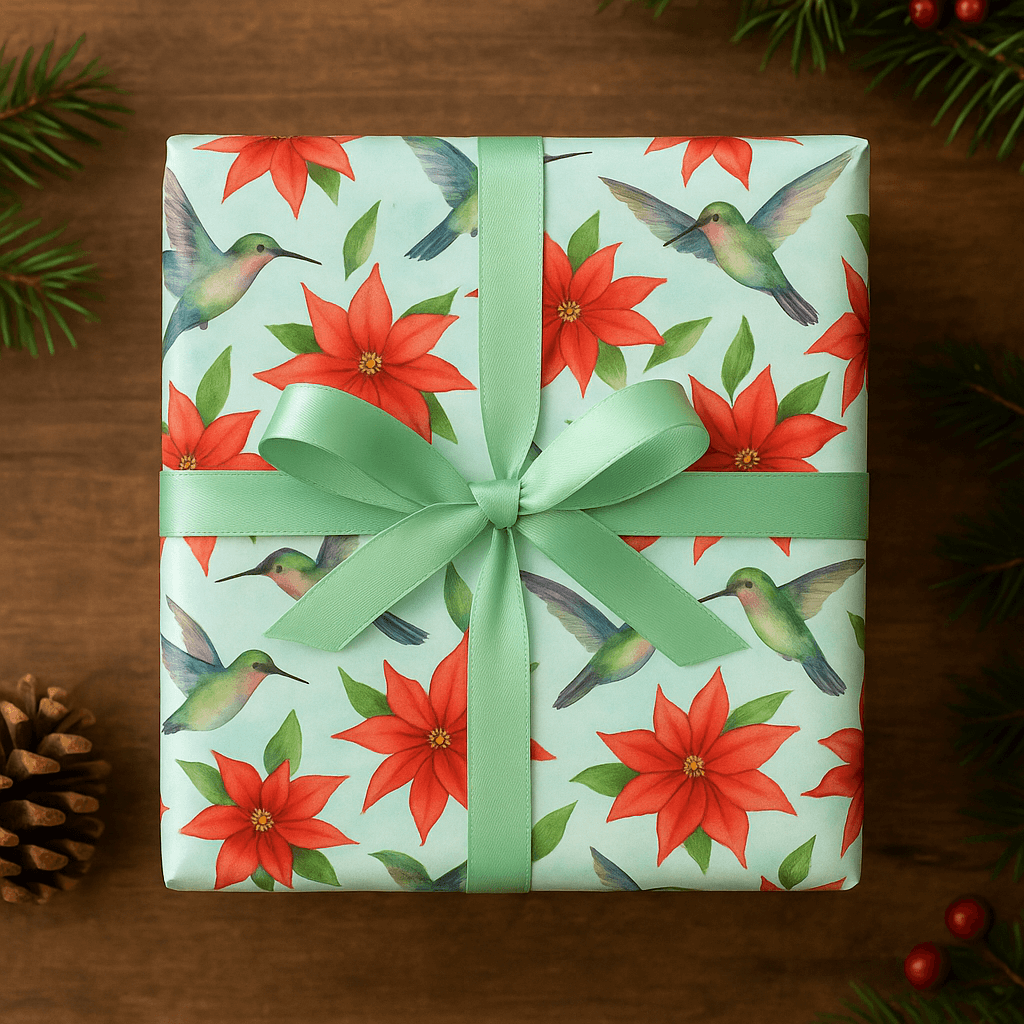 Luxury Christmas wrapping paper featuring hummingbirds and poinsettias in vibrant watercolor design.