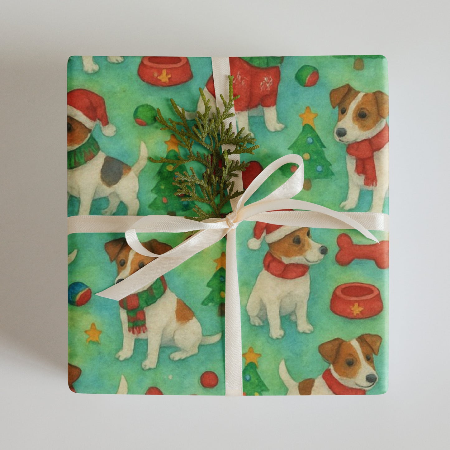 Luxury Christmas wrapping paper featuring watercolor Jack Russells in festive scarves and Santa hats with holiday adornments.