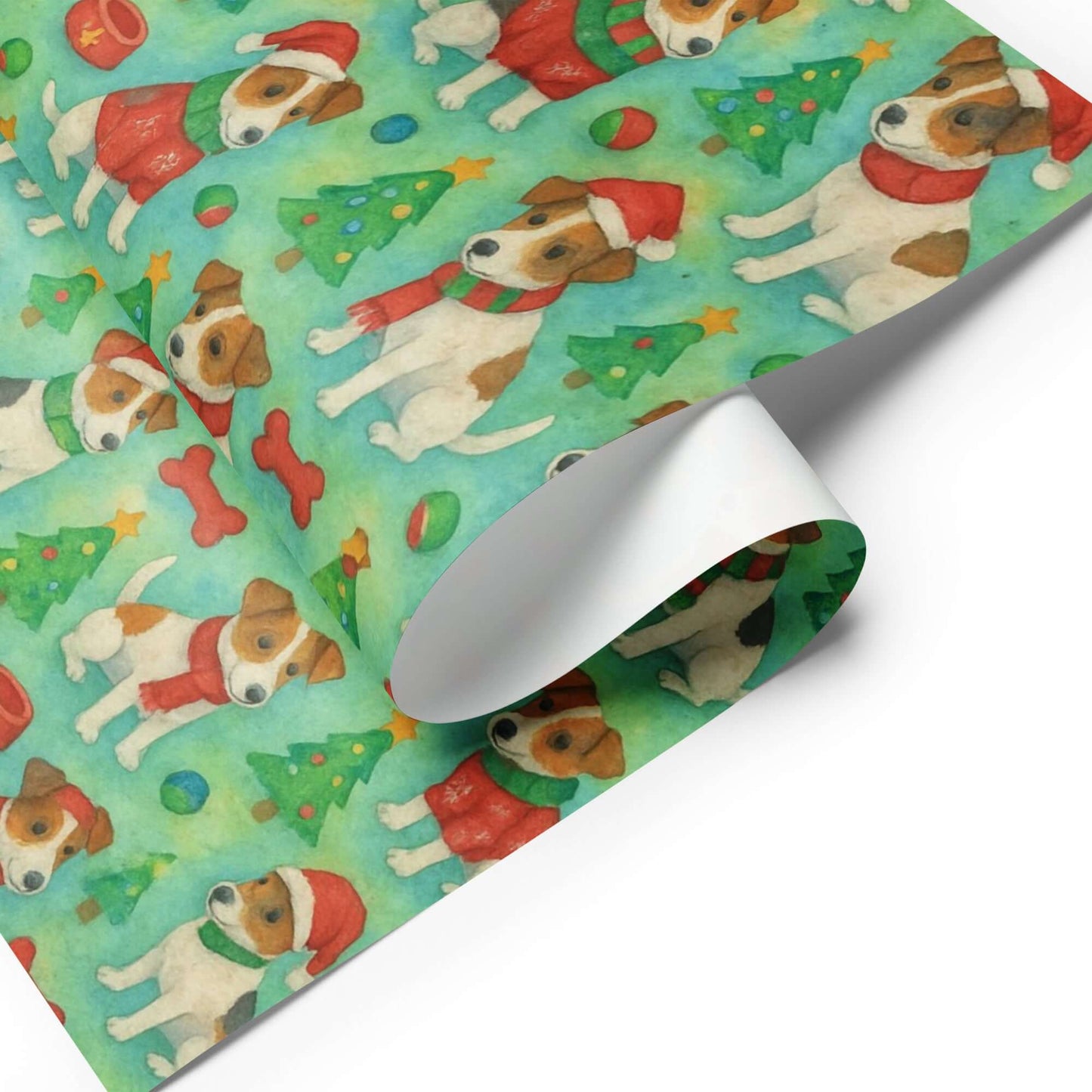Luxury Christmas wrapping paper featuring playful Jack Russell Terriers in festive scarves, surrounded by trees and holiday ornaments.