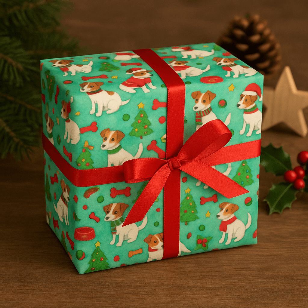 Jack Russells Christmas wrapping paper gift box with festive design, red ribbon, and holiday decor.