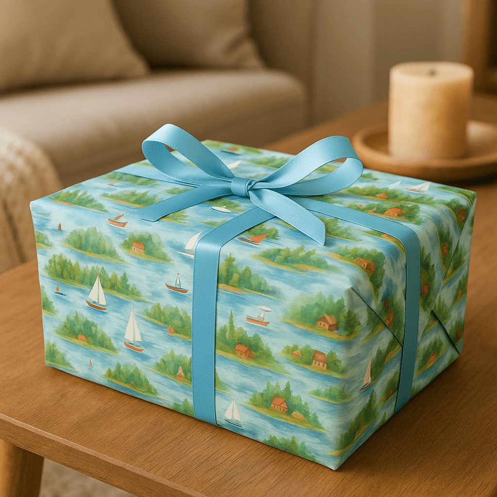 Luxury holiday gift wrap featuring watercolor lakeside scenes with sailboats and cabins, eco-friendly design.