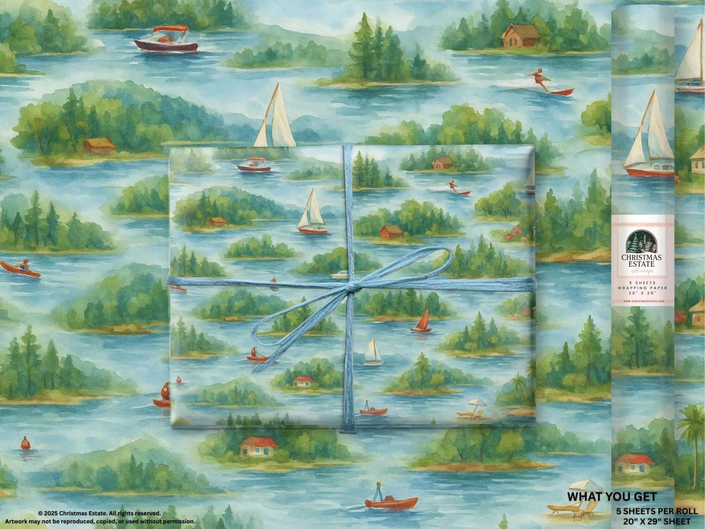 Watercolor design luxury wrapping paper featuring lakeside scenes, boats, and cabins, perfect for holiday gift wrap.