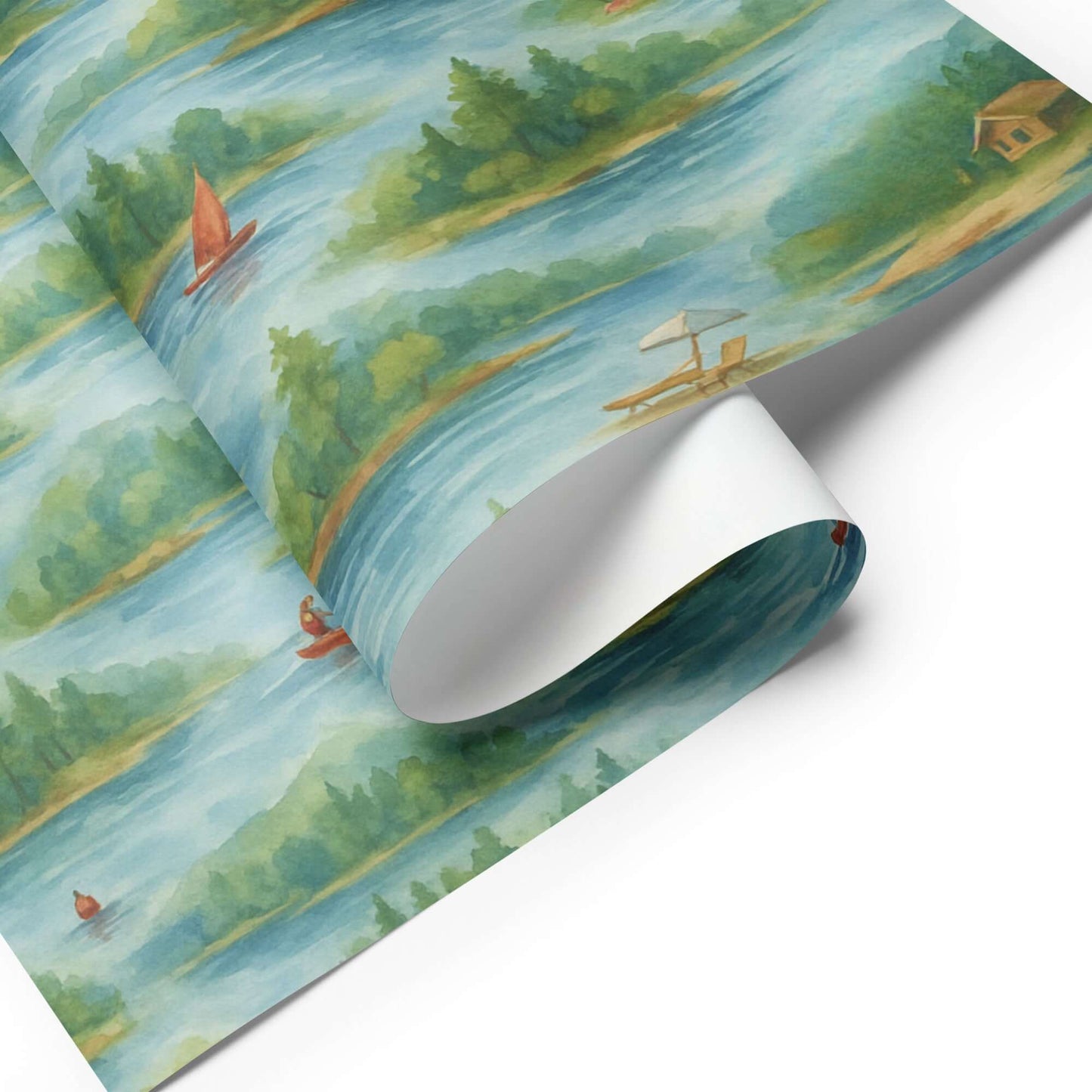 Luxury Christmas wrapping paper featuring watercolor lakeside scenes with boats, cabins, and lush landscapes.
