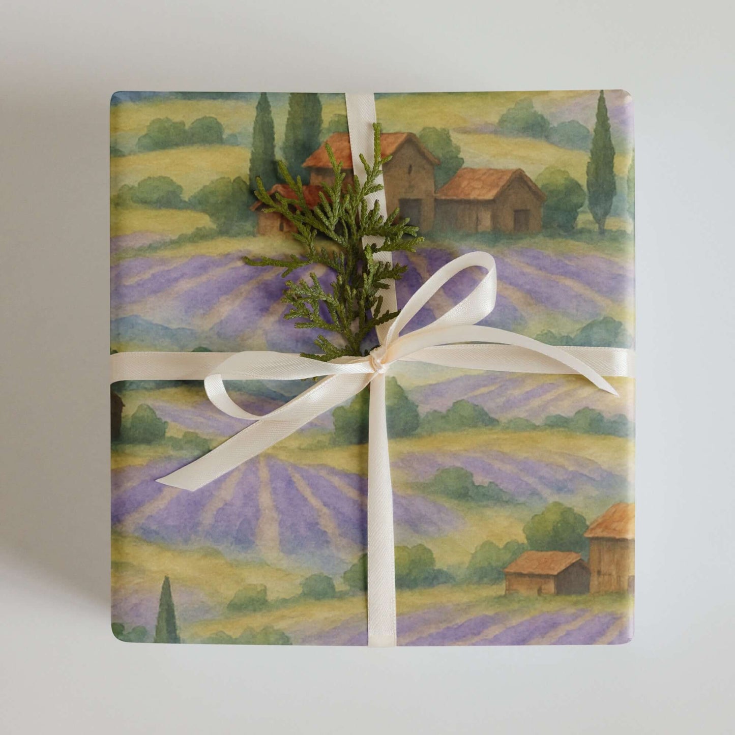 Luxury Christmas wrapping paper featuring watercolor lavender fields and rustic barns, adorned with a natural accent.