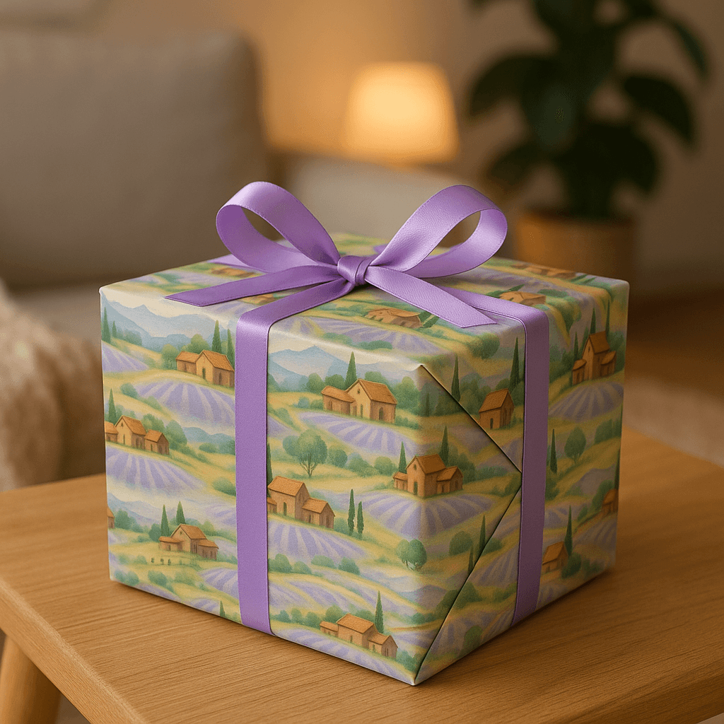 Luxury Christmas wrapping paper featuring lavender fields in watercolor design with rustic barns and purple bow.