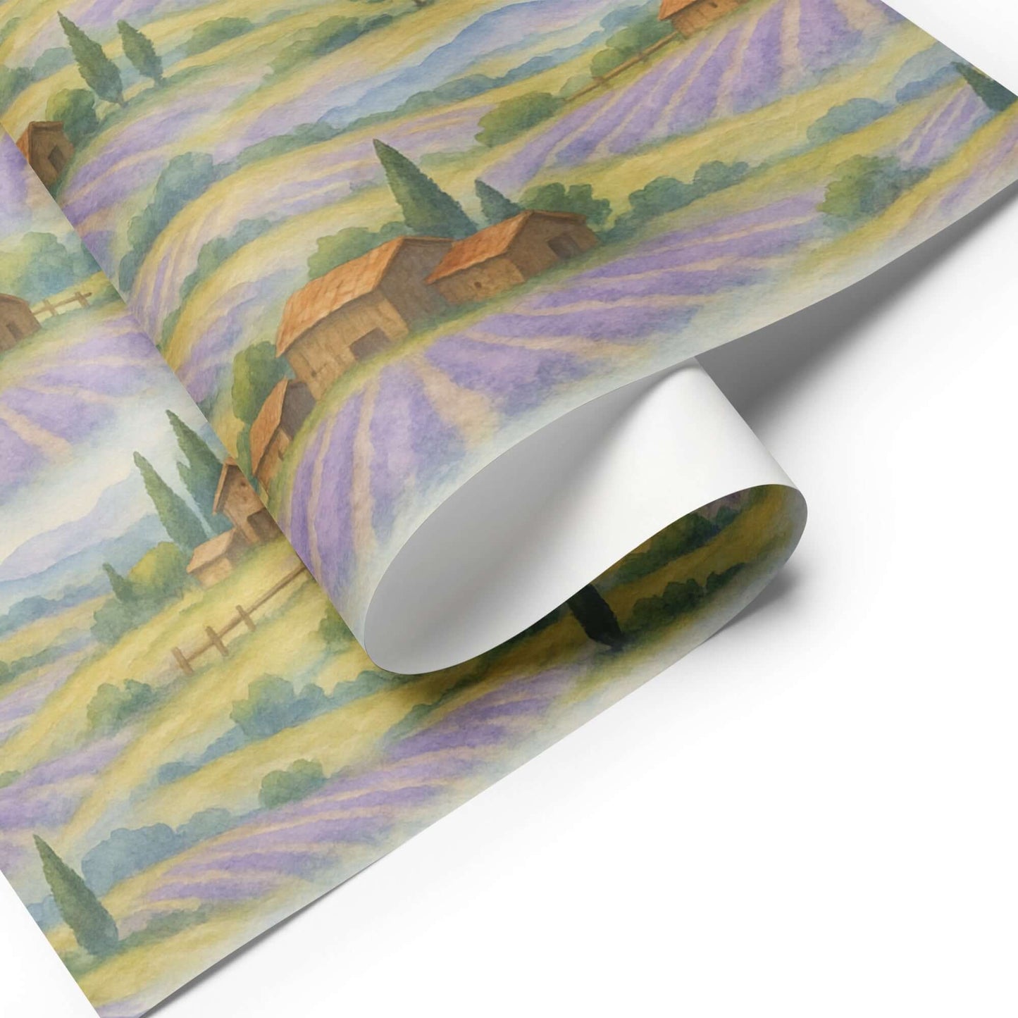 Lavender Fields watercolor wrapping paper with rustic barns and cypress trees, ideal for luxury holiday gift wrap.