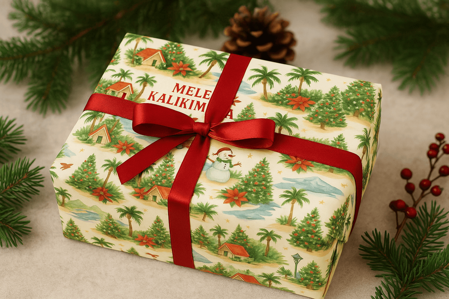 Luxury Christmas wrapping paper featuring tropical design with palm trees, snowman, and festive poinsettias.