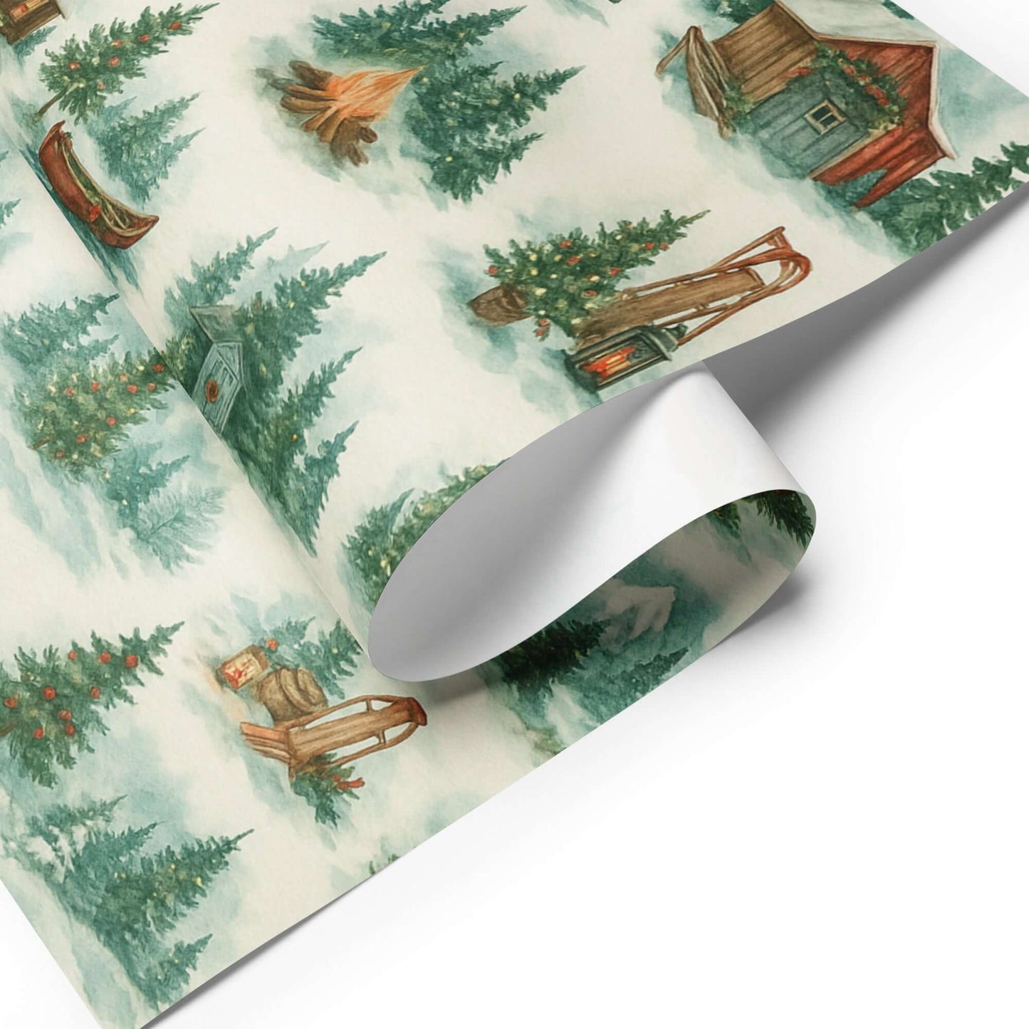 Rustic Christmas wrapping paper featuring hand-painted cabins, trees, and campfires in a watercolor design.