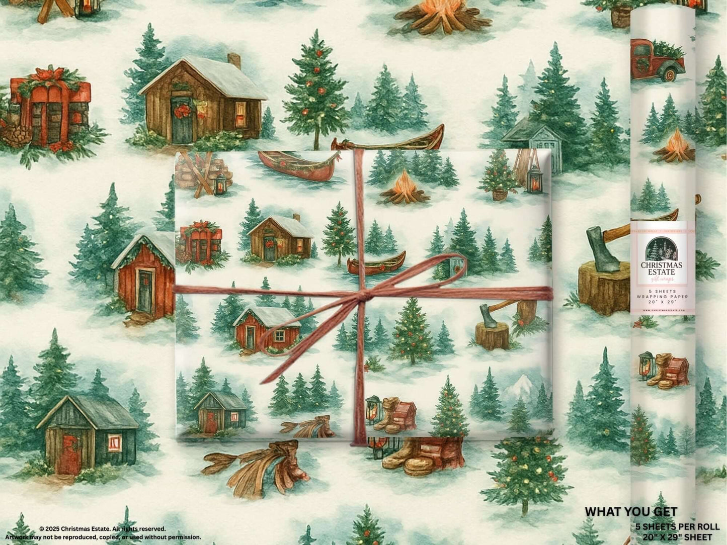 Rustic Christmas wrapping paper featuring hand-painted scenes of cabins, trees, and holiday accents in watercolor design.