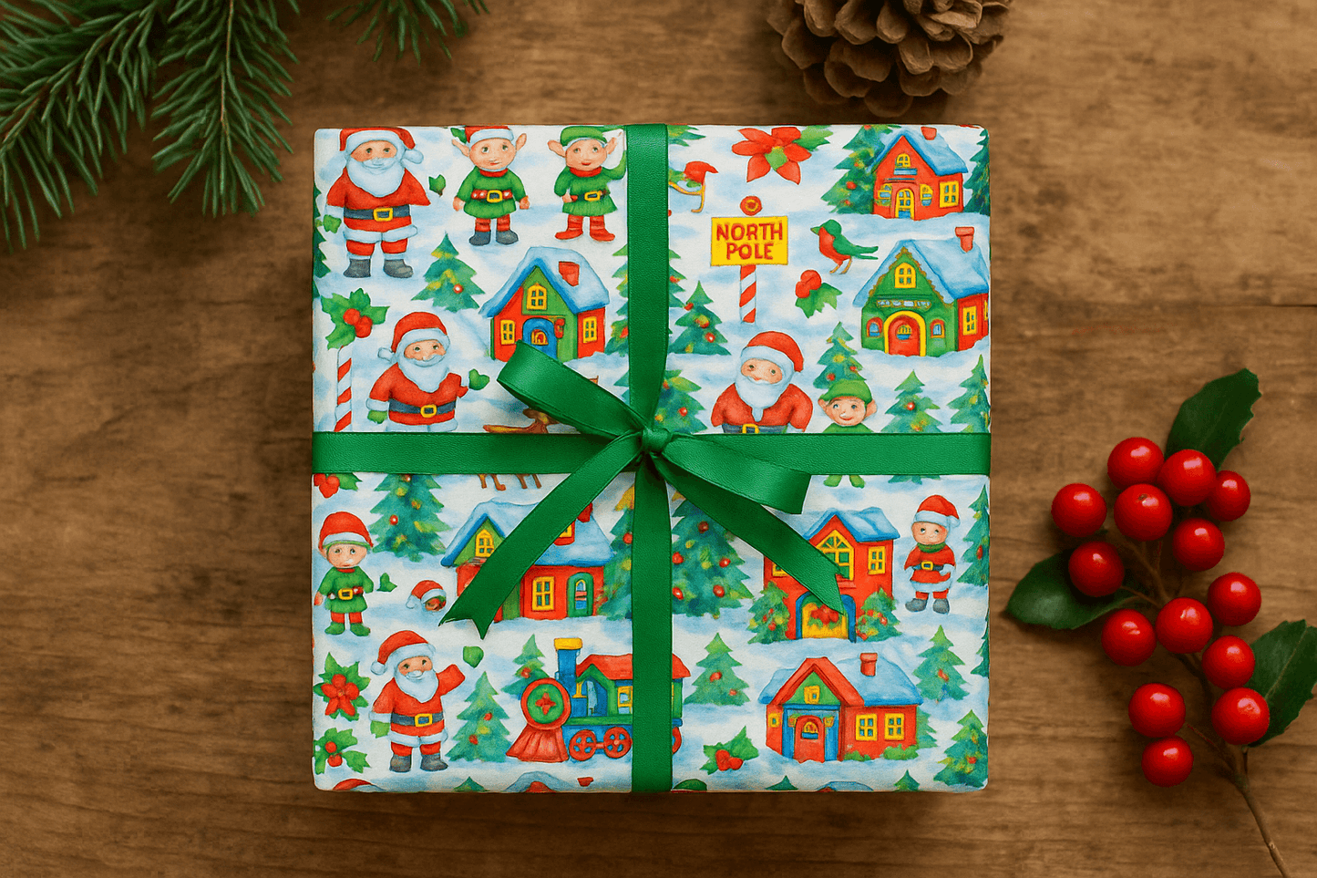 Festive Santa's Village watercolor wrapping paper gift with green ribbon, holiday-themed design, perfect for luxury Christmas gift wrap.