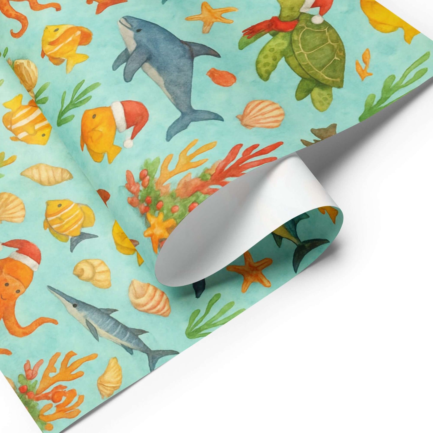 Watercolor design of luxury Christmas wrapping paper featuring playful sea creatures in festive attire.
