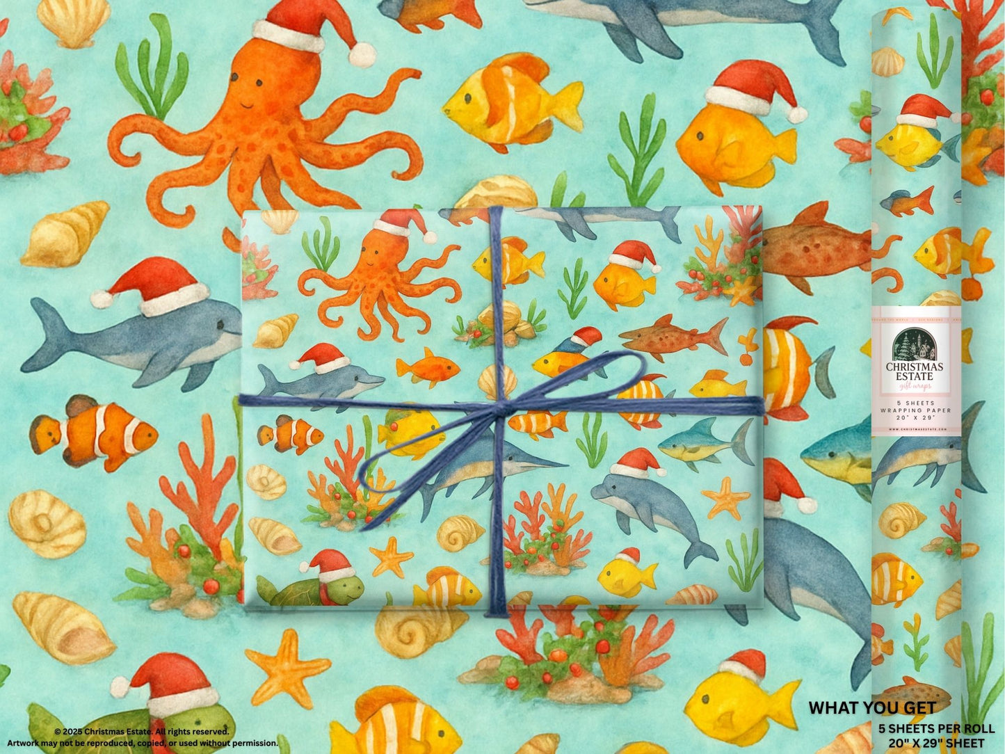 Luxury Christmas wrapping paper featuring vibrant watercolor sea creatures with festive accents, perfect holiday gift wrap.
