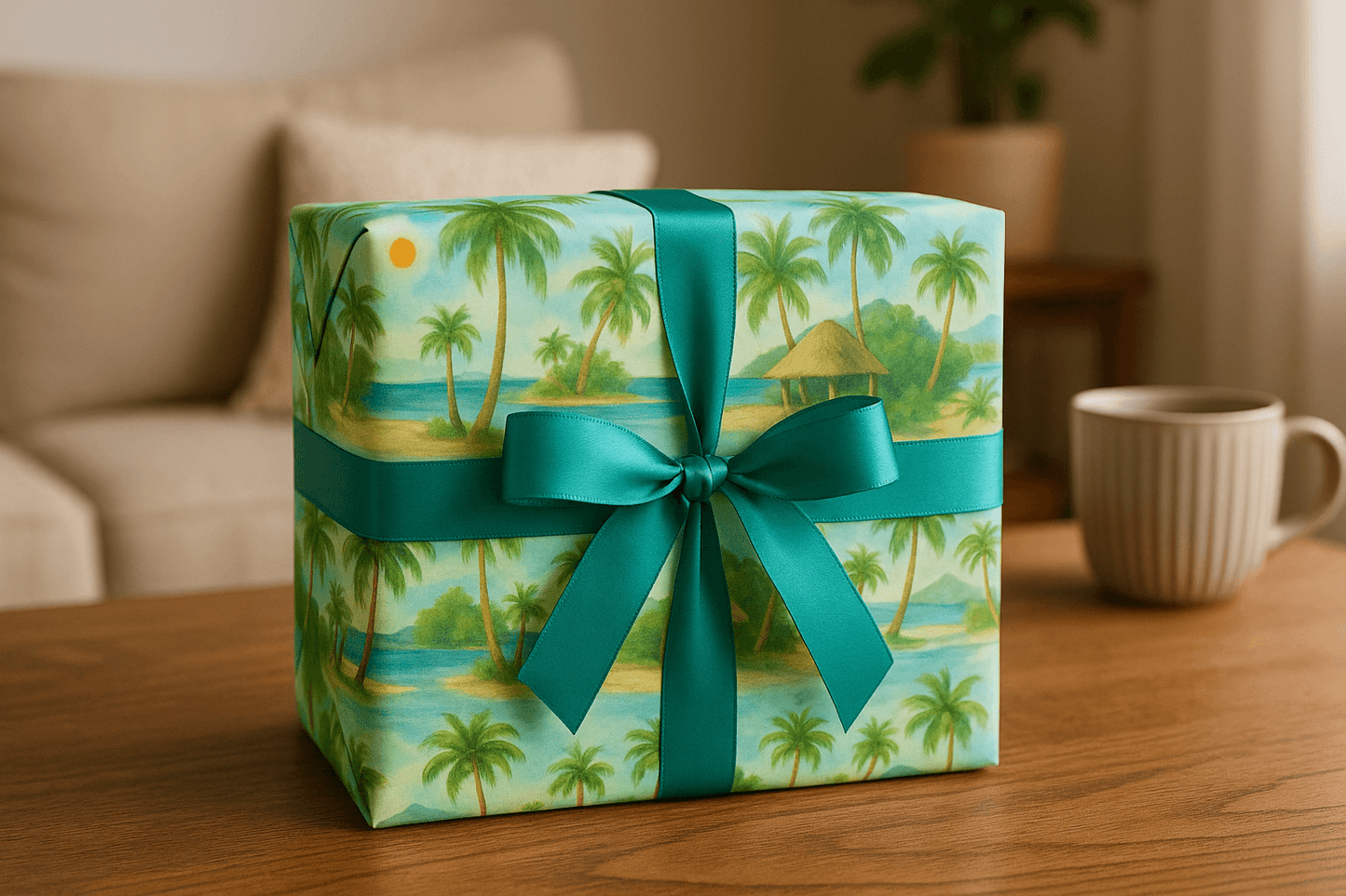 Serene beach wrapping paper with tropical palm design, ribbon, and eco-friendly packaging on wooden table.