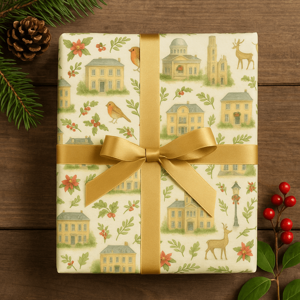 Victorian Christmas wrapping paper with watercolor buildings and festive accents, elegantly tied with a gold ribbon.
