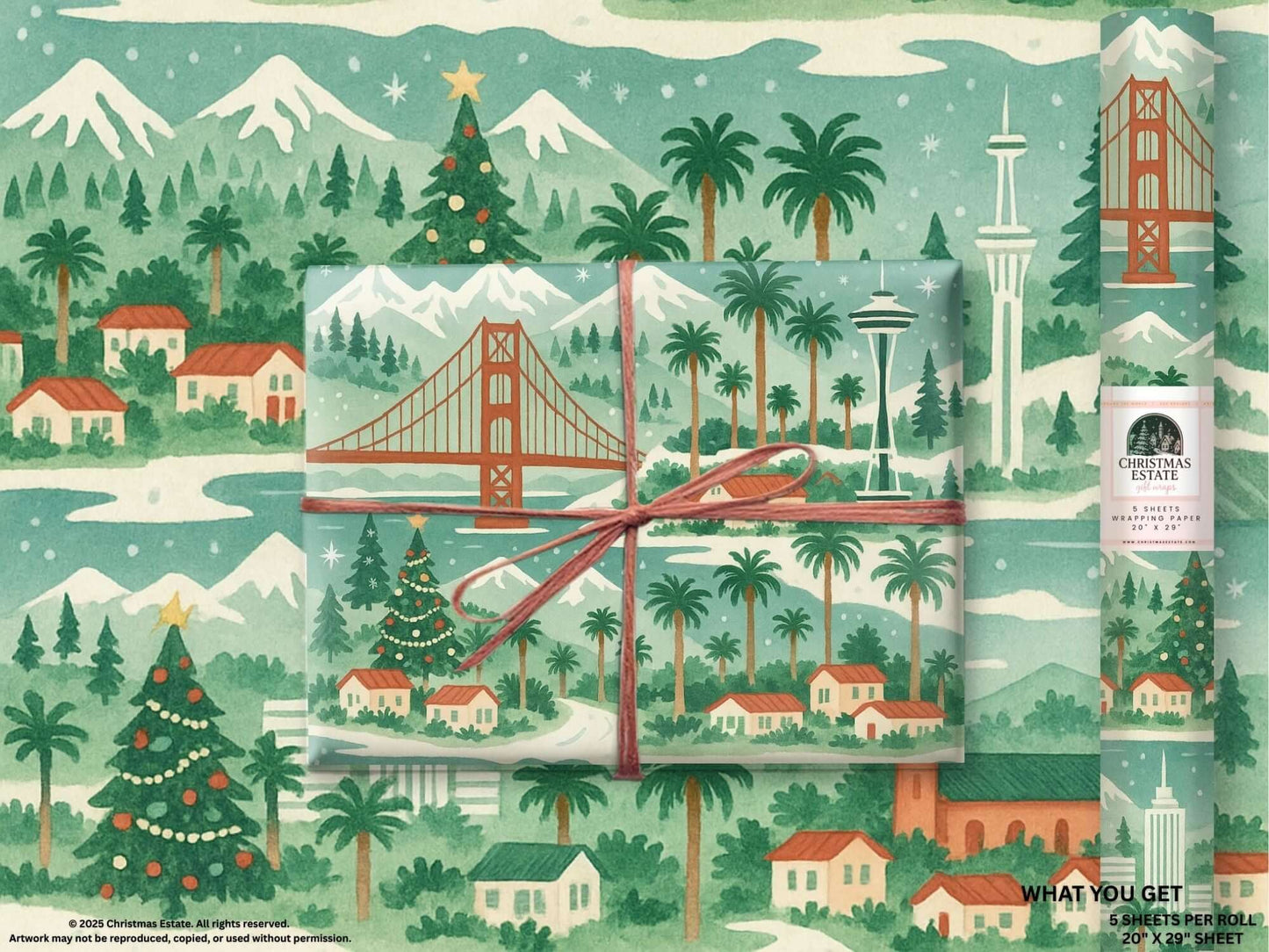 Luxury Christmas wrapping paper with watercolor design featuring coastal landmarks and festive homes.