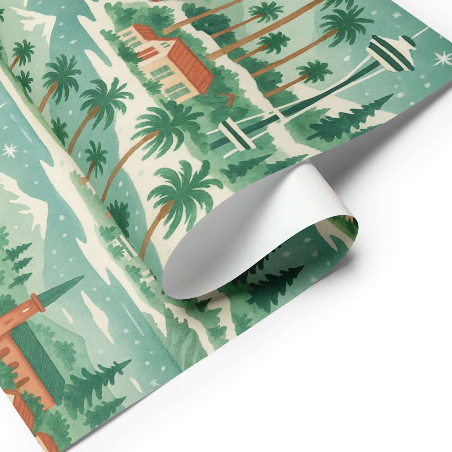 West Coast Christmas wrapping paper with watercolor design featuring palm trees and landmarks like the Space Needle.