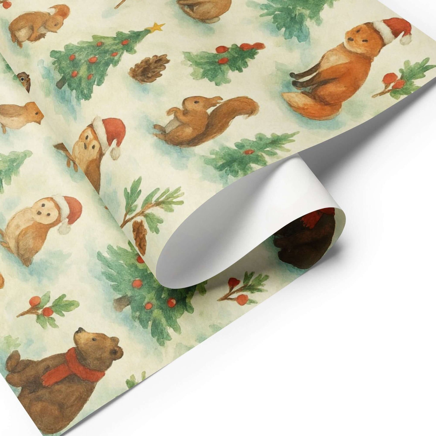 Luxury Christmas wrapping paper featuring whimsical watercolor woodland animals in festive hats, perfect for holiday gift wrap.