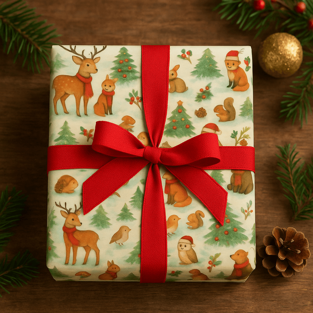 Luxury Christmas wrapping paper featuring watercolor woodland animals with cozy scarves and a bright red ribbon.