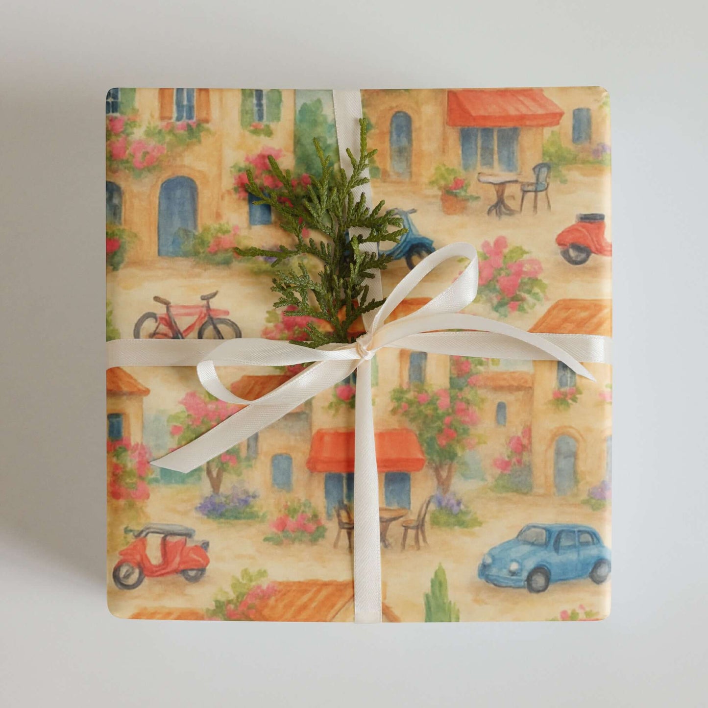 Beautiful luxury Christmas wrapping paper featuring charming European town scenes with watercolor design and eco-friendly materials.