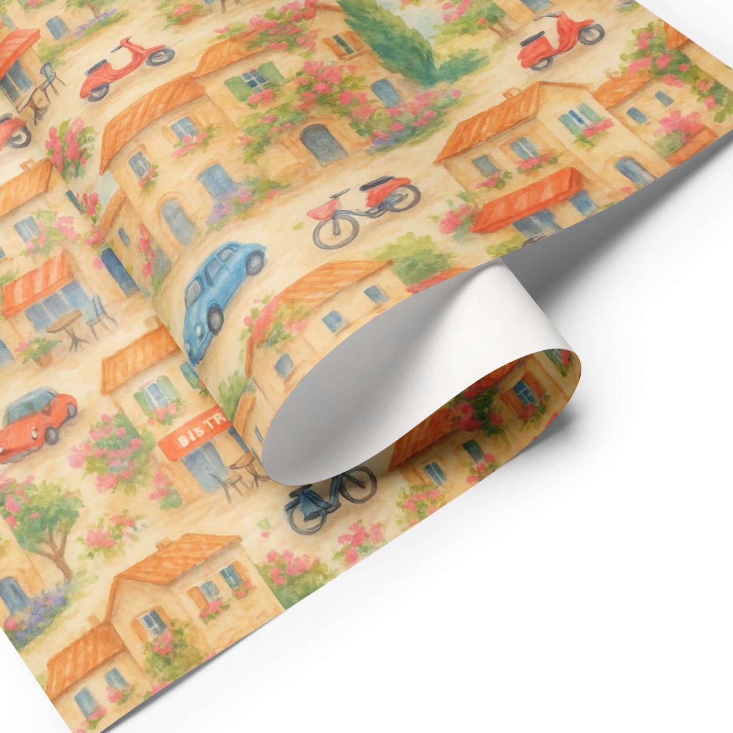Charming watercolor wrapping paper featuring European town scenes, vintage cars, and floral accents.