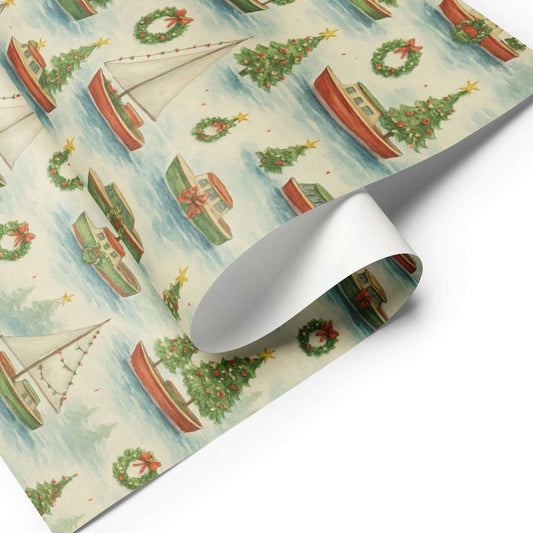 Boats Christmas Wrapping Paper featuring sailboats, yachts, and festive Christmas trees in a watercolor design.