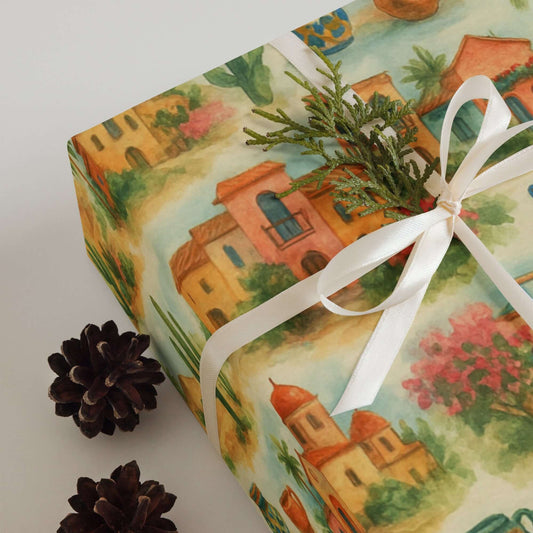 Vibrant Mexico Wrapping Paper featuring adobe homes, cacti, and festive details for colorful gift packaging.