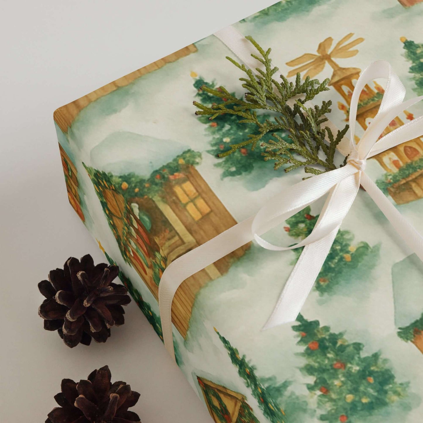 Luxury Christmas wrapping paper featuring a watercolor design of festive market stalls and pine accents.