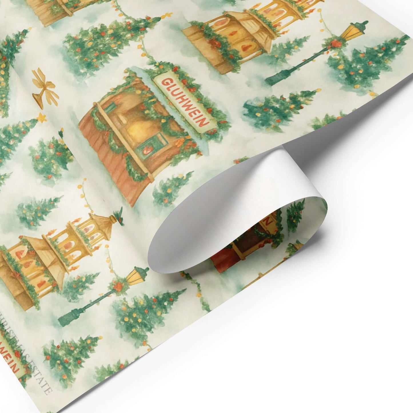 Luxury Christmas wrapping paper featuring watercolor stalls and festive trees inspired by German markets.
