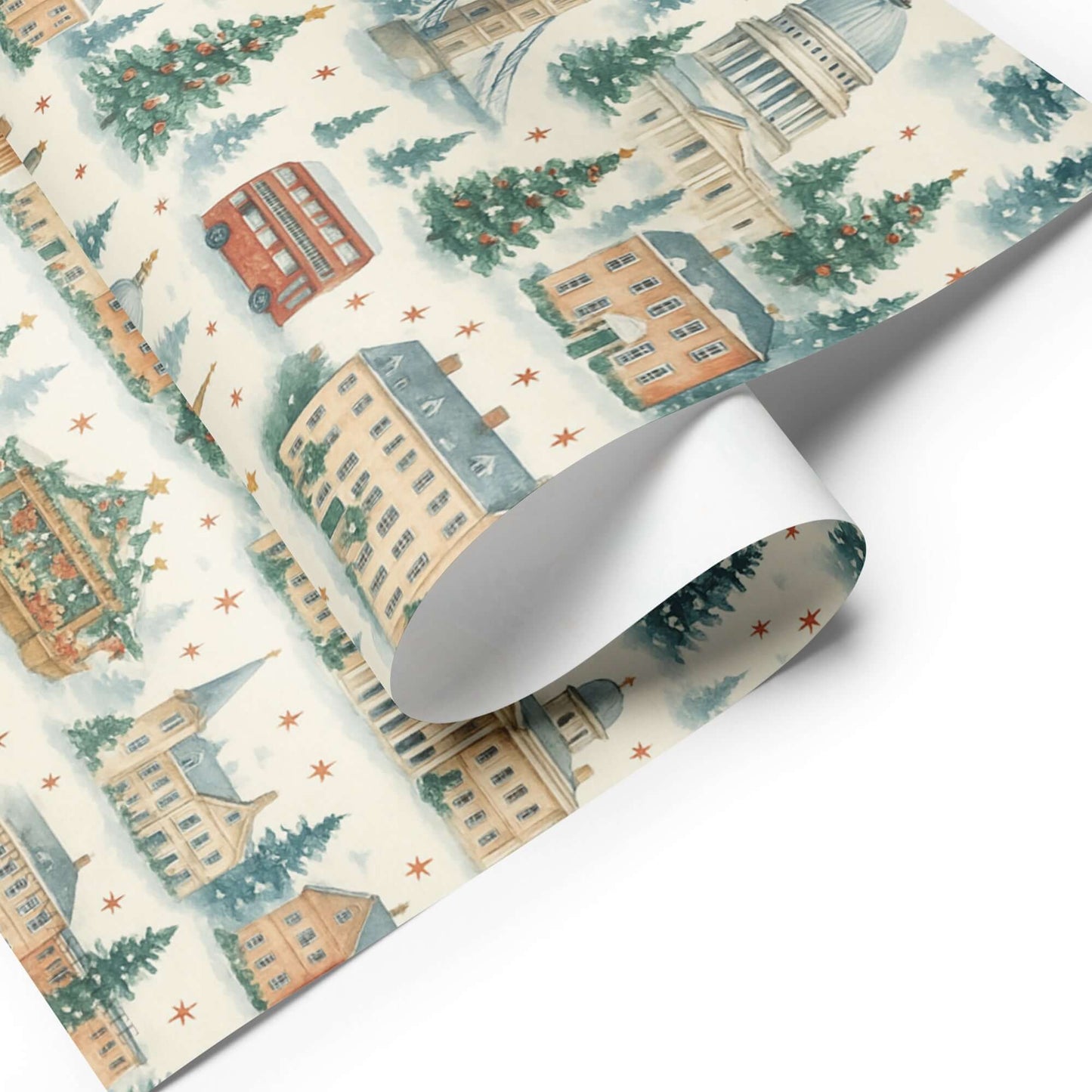Luxury Christmas wrapping paper featuring London landmarks in watercolor design, adorned with trees and festive details.