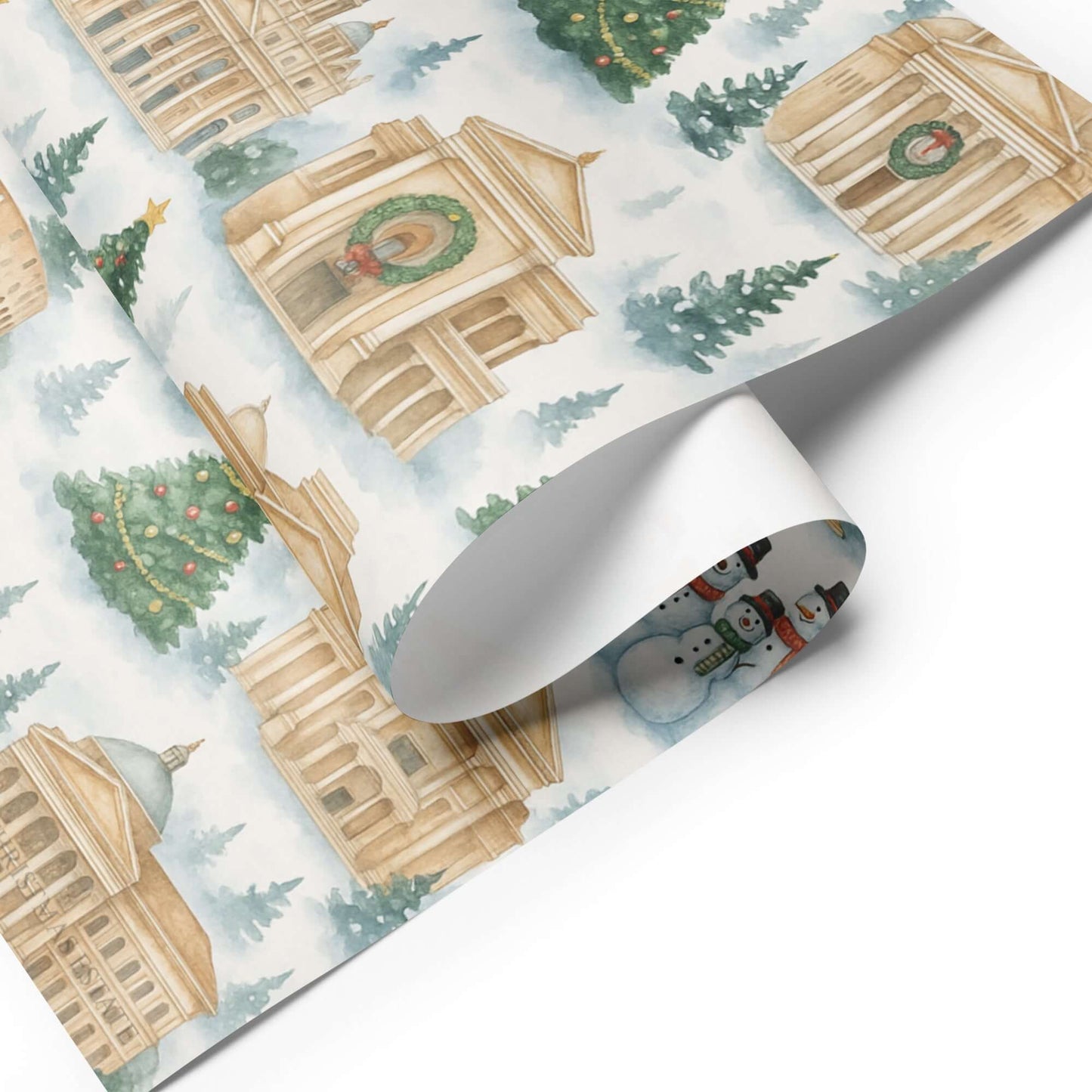 Luxury Christmas wrapping paper featuring watercolor designs of iconic landmarks with holiday motifs.