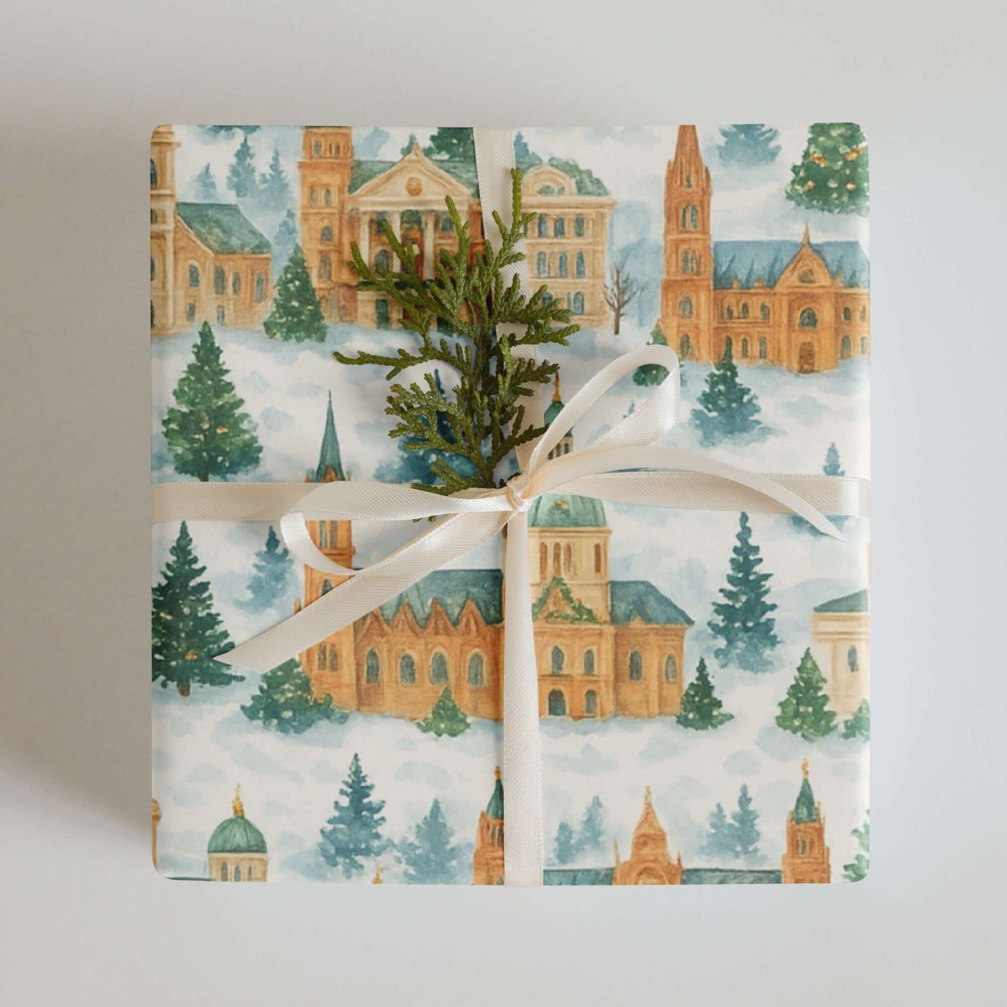 Luxury Christmas wrapping paper featuring watercolor architecture design with festive greenery.