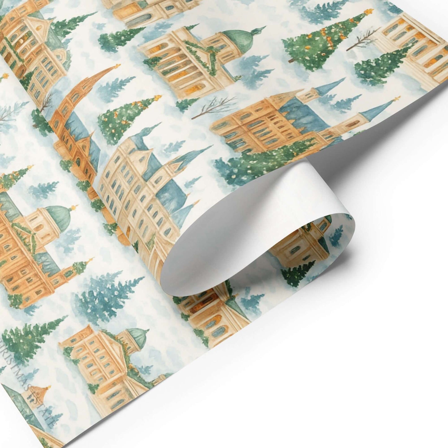Luxury Christmas wrapping paper featuring watercolor design of festive buildings and trees, ideal for holiday gift wrap.