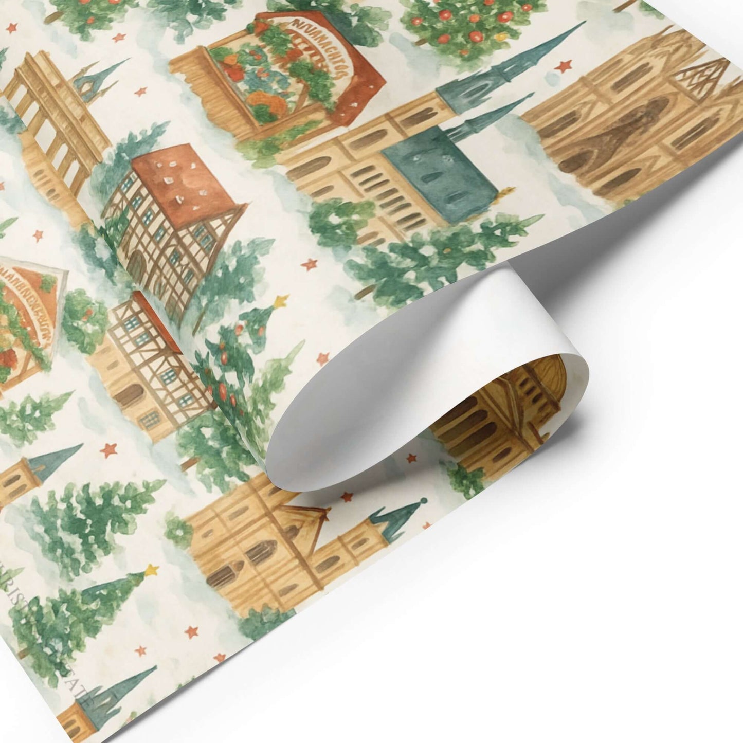 Luxury Christmas wrapping paper features watercolor designs of German landmarks and festive scenes.