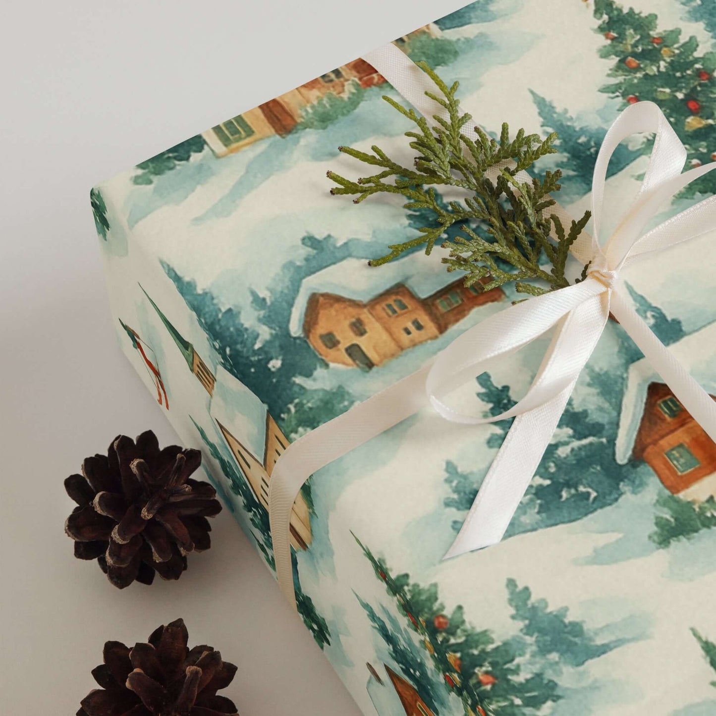 Luxury Christmas wrapping paper featuring Swiss chalets and evergreen trees in watercolor design.