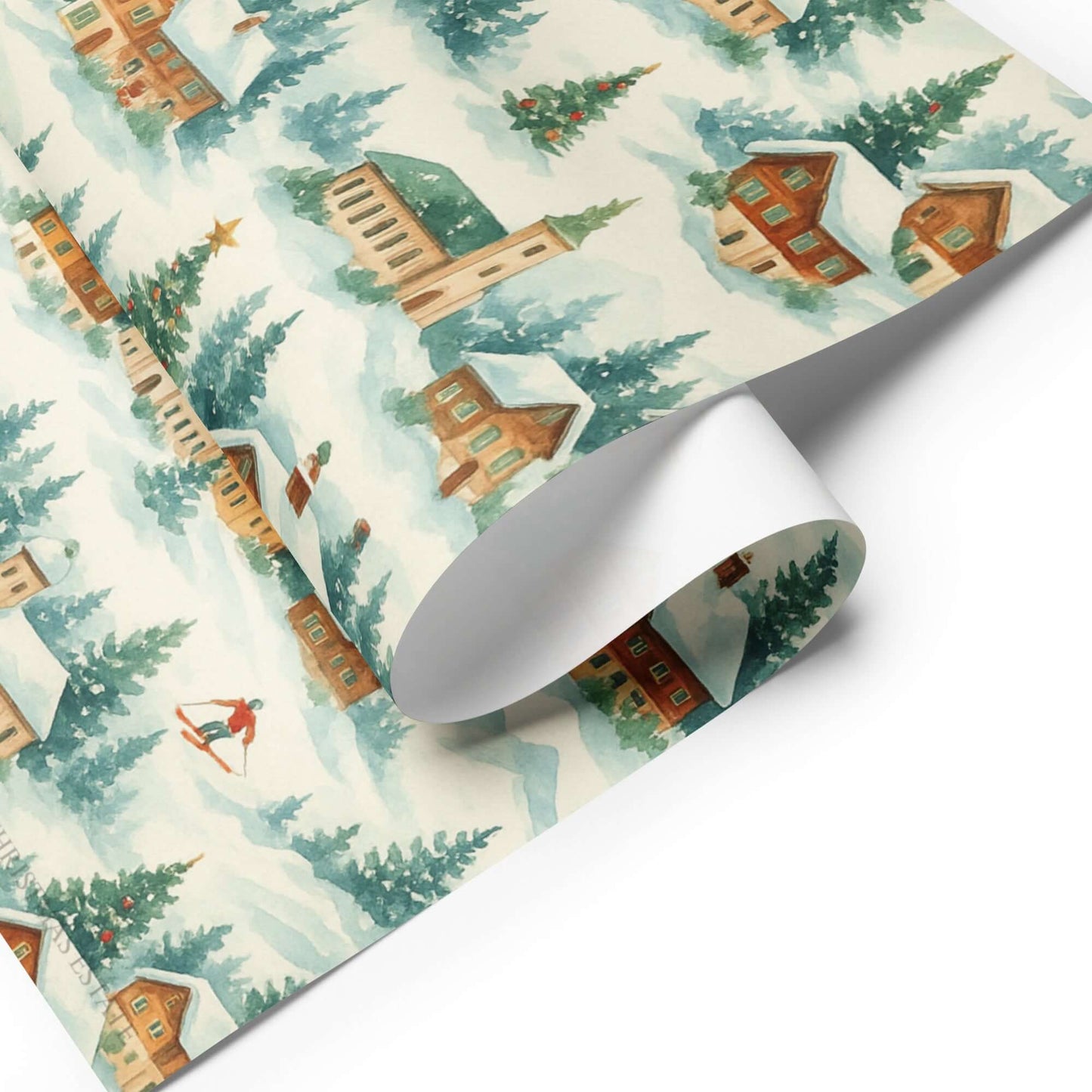 Luxury Christmas wrapping paper featuring Swiss chalets and ski scenes in a watercolor design.