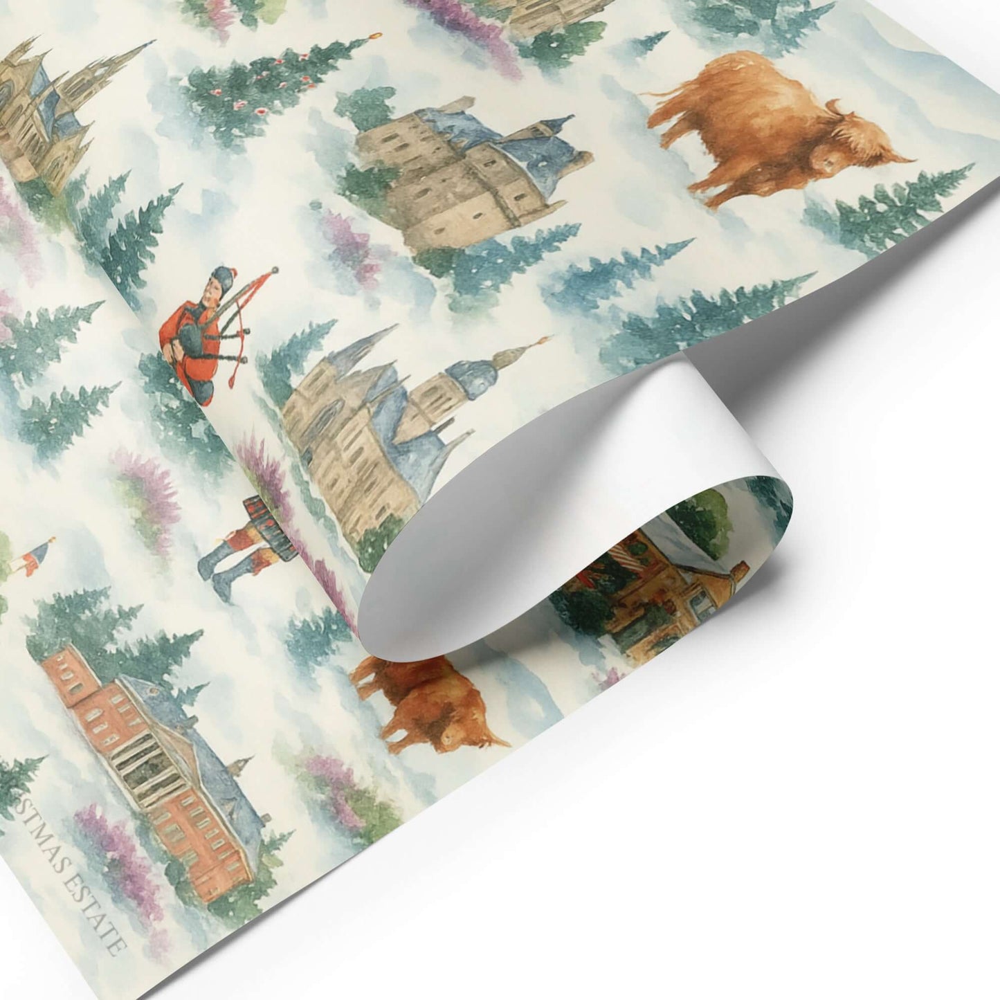 Luxury Christmas wrapping paper showcasing Scotland's landscapes in watercolor, featuring Highland cows, castles, and festive details.