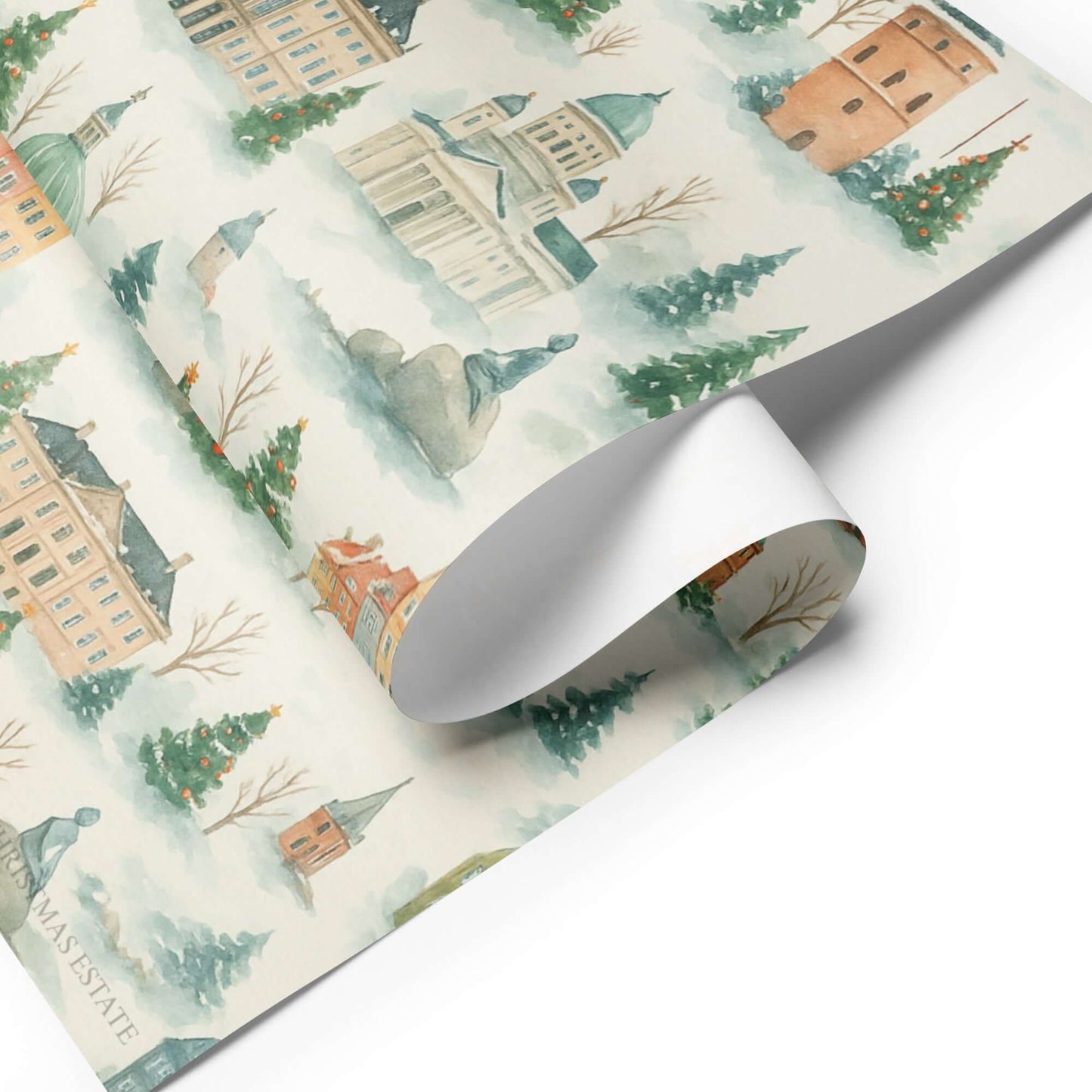 Luxurious Copenhagen Christmas wrapping paper features watercolor illustrations of historic buildings and pine trees.