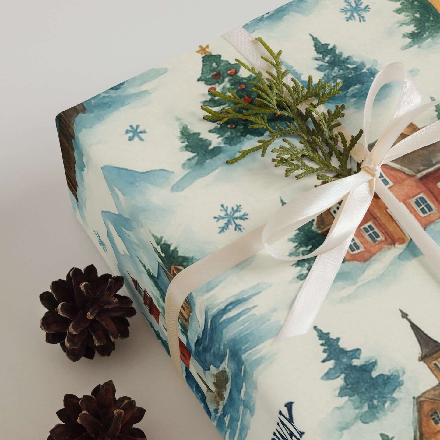 Luxury Norway Christmas wrapping paper with watercolor scenery and pine sprig, perfect for holiday gift wrap.
