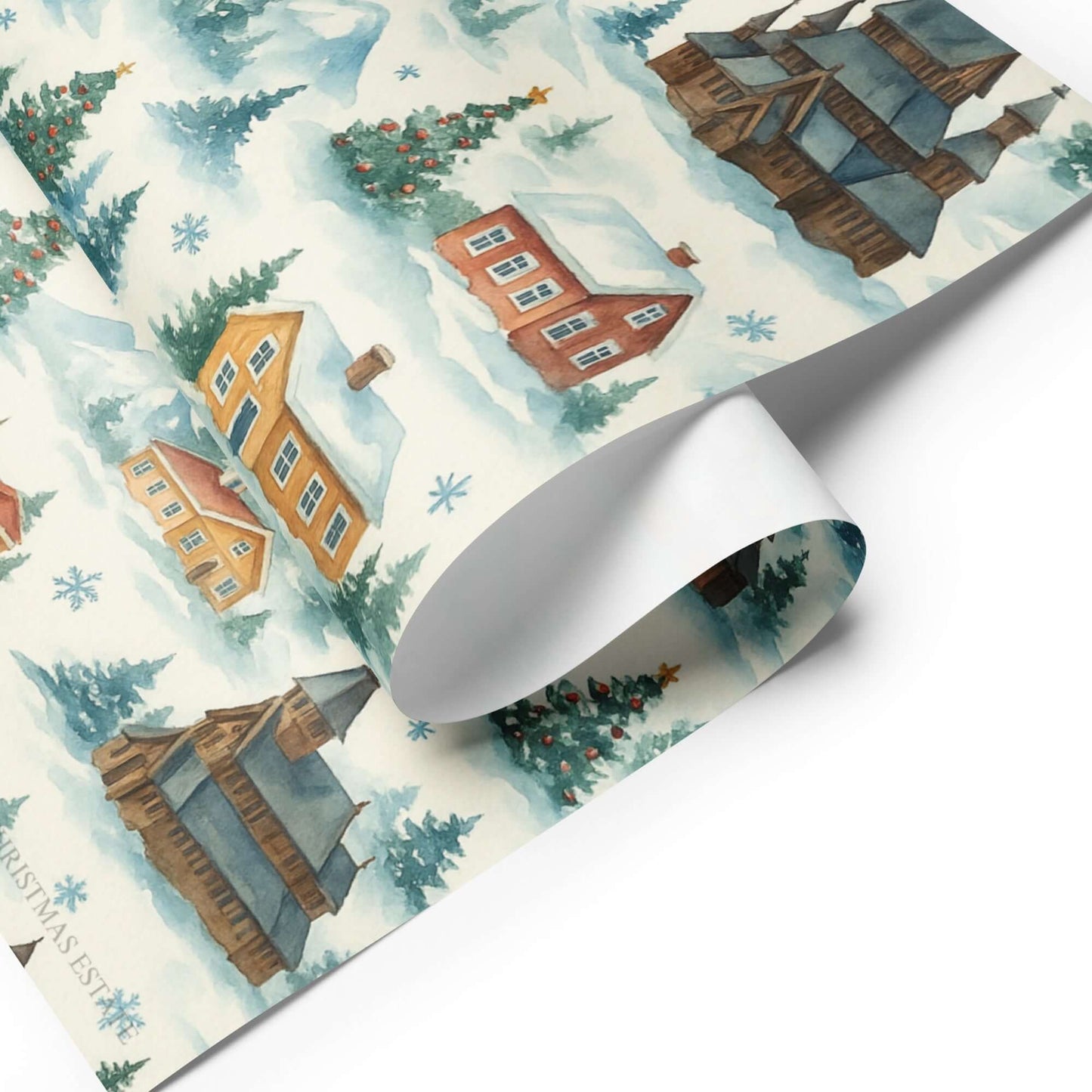 Luxury Christmas wrapping paper featuring watercolor villages and evergreen trees, inspired by Nordic winter landscapes.