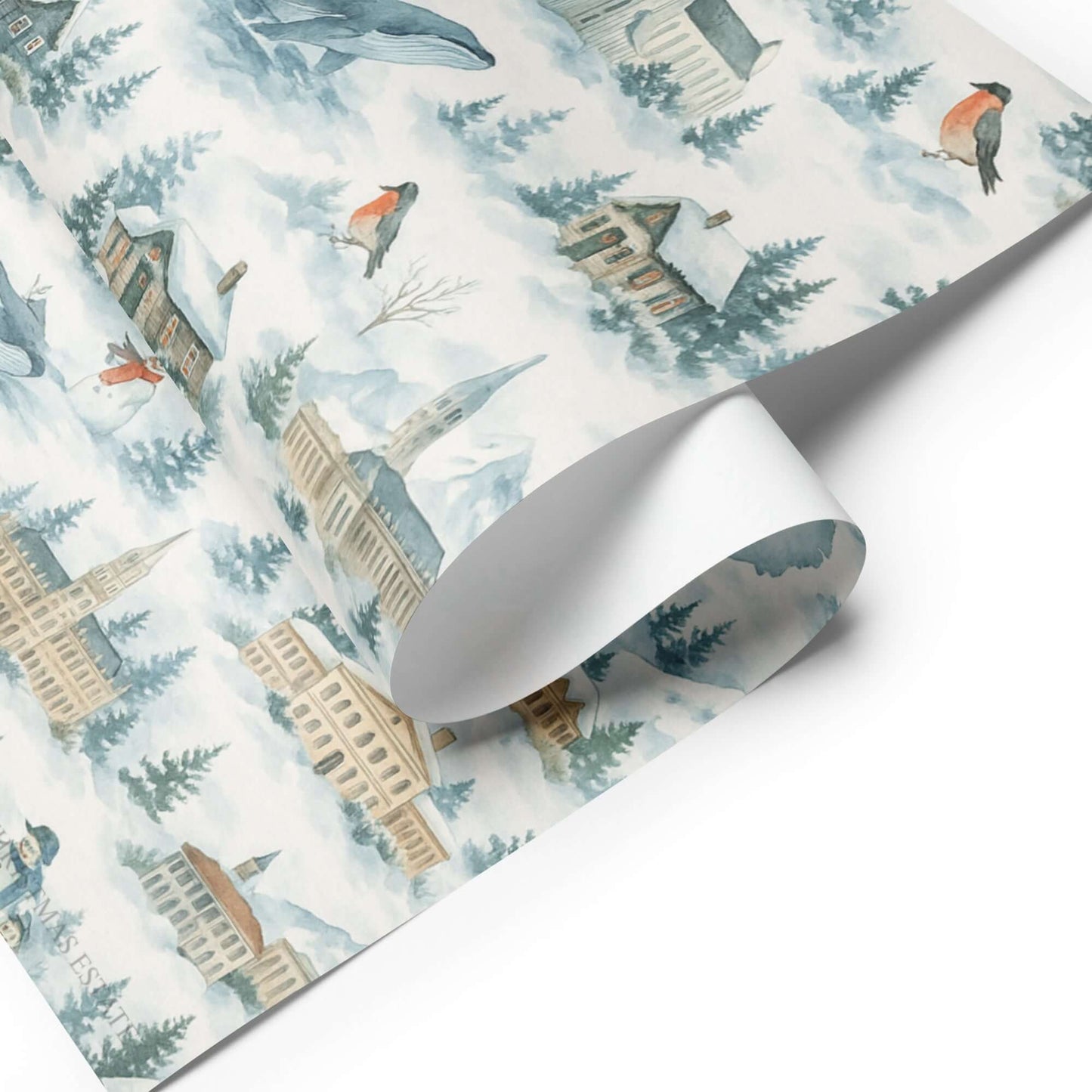 Luxurious Iceland Christmas wrapping paper in watercolor design, featuring snowy landscapes and festive Nordic buildings.