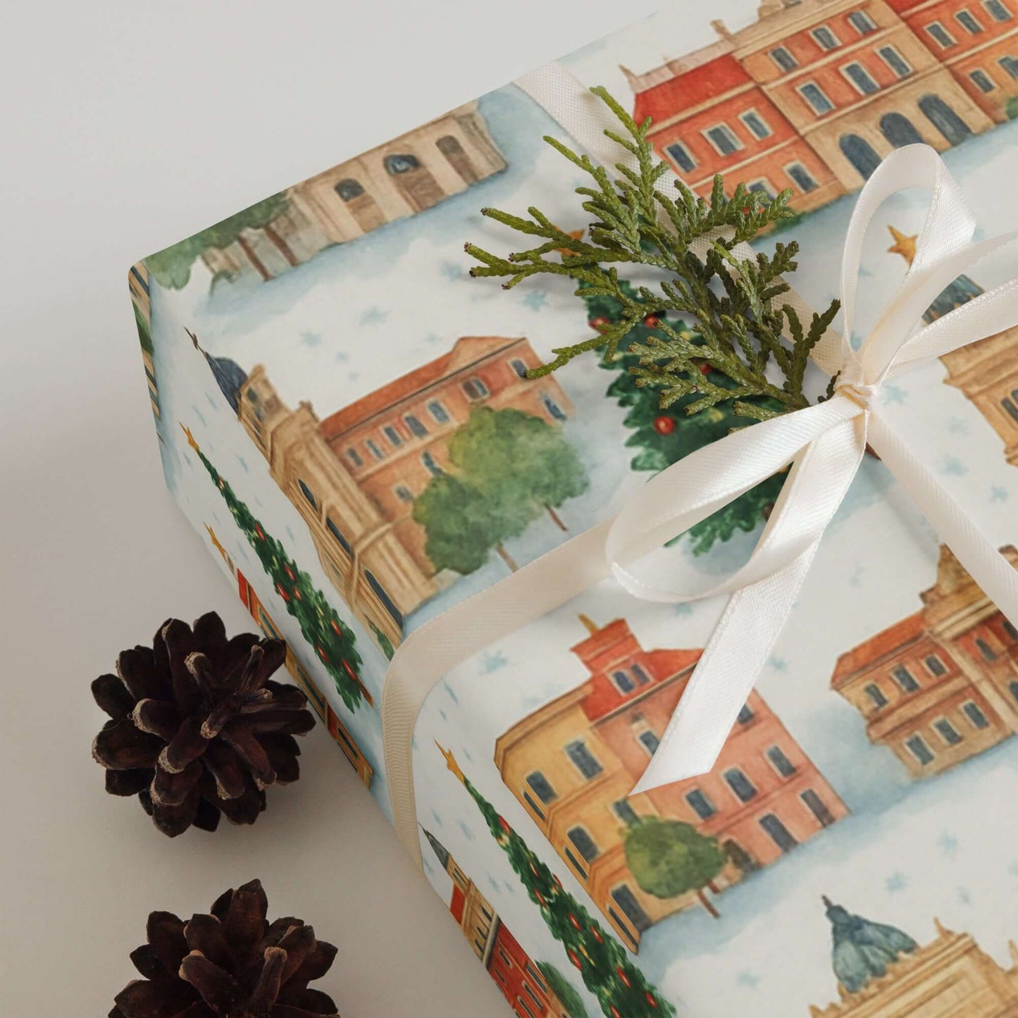 Luxury Madrid Christmas wrapping paper with watercolor design, featuring iconic landmarks and festive greenery.