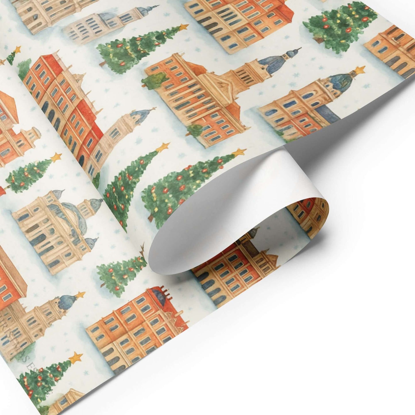 Luxury Christmas wrapping paper featuring Madrid's landmarks and festive trees in a vibrant watercolor design.