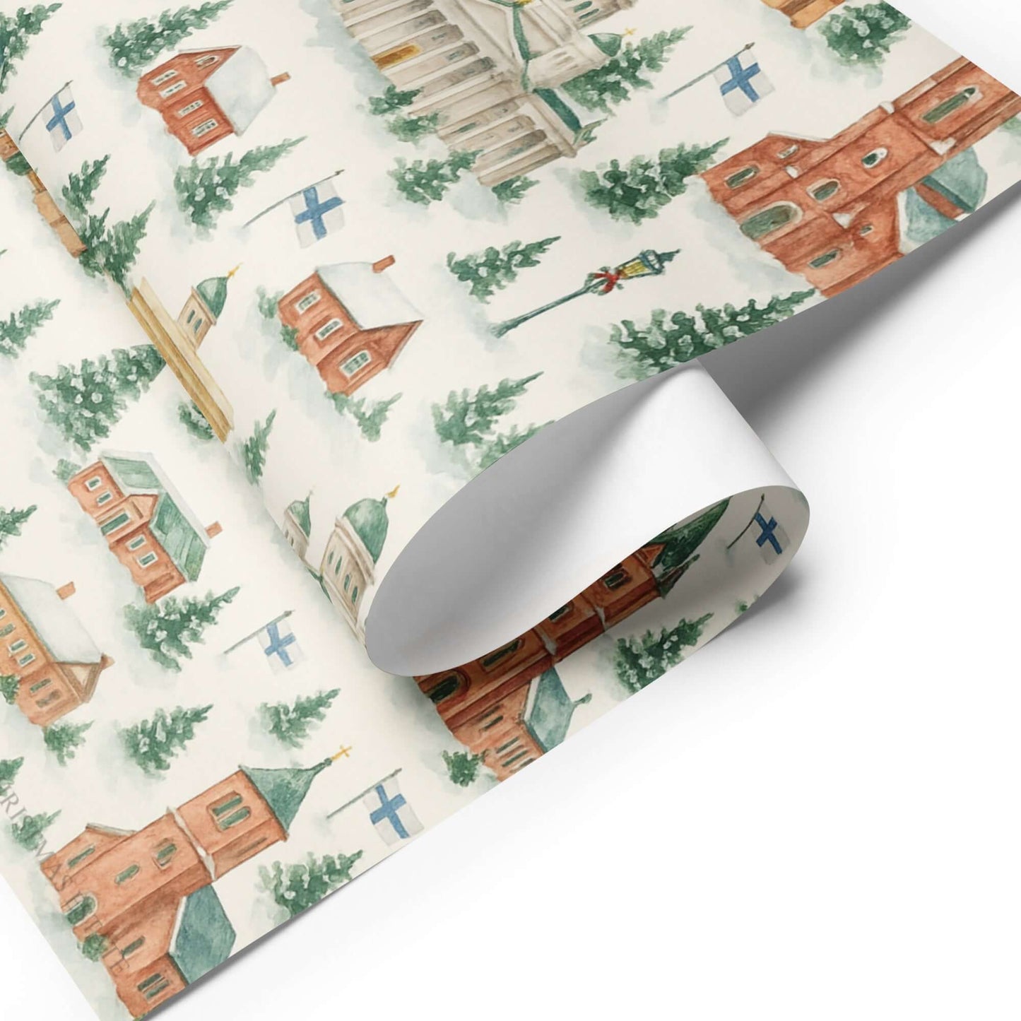 Luxury Christmas wrapping paper featuring watercolor Finland landscapes and cozy log cabins.