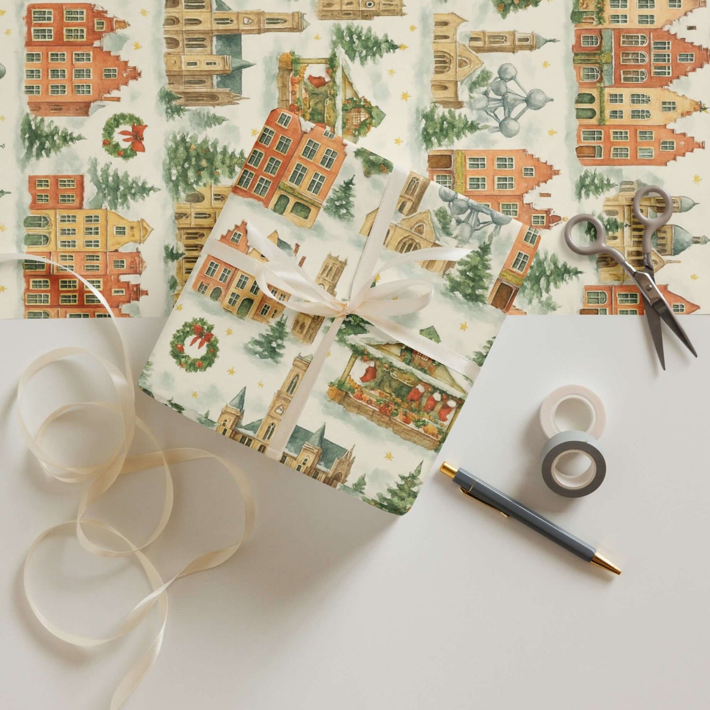 Luxury Christmas wrapping paper featuring watercolor designs of Belgium’s historic cities and holiday decorations.